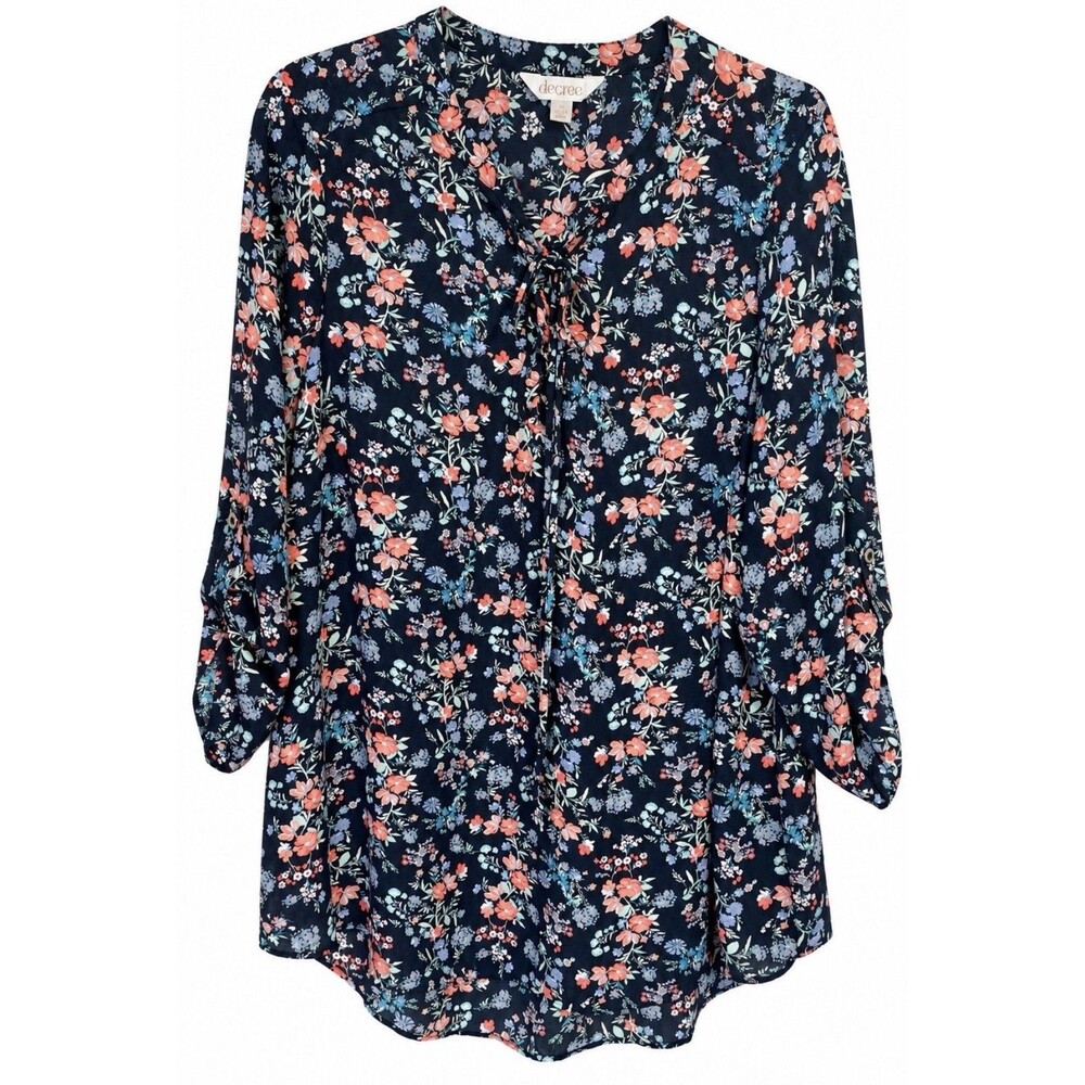 Decree Jr’s 1X Blouse Fall Floral Tie Neck Roll Tab Sleeve Romantic Boho Tunic